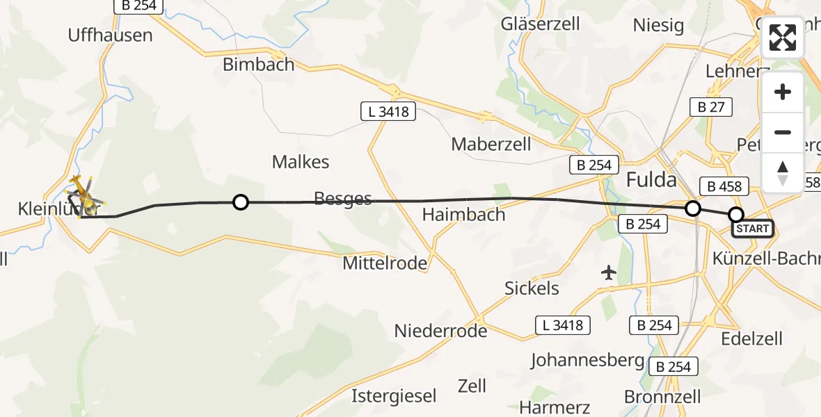 Flugroute Rettungshubschrauber Fulda Hospital - Großenlüder, 16 Mai 2026, 07:19