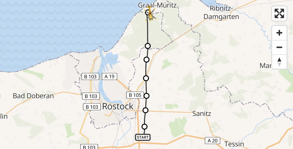 Flugroute Ambulanzhubschrauber Dummerstorf - Rostock, 16 Mai 2026, 07:20