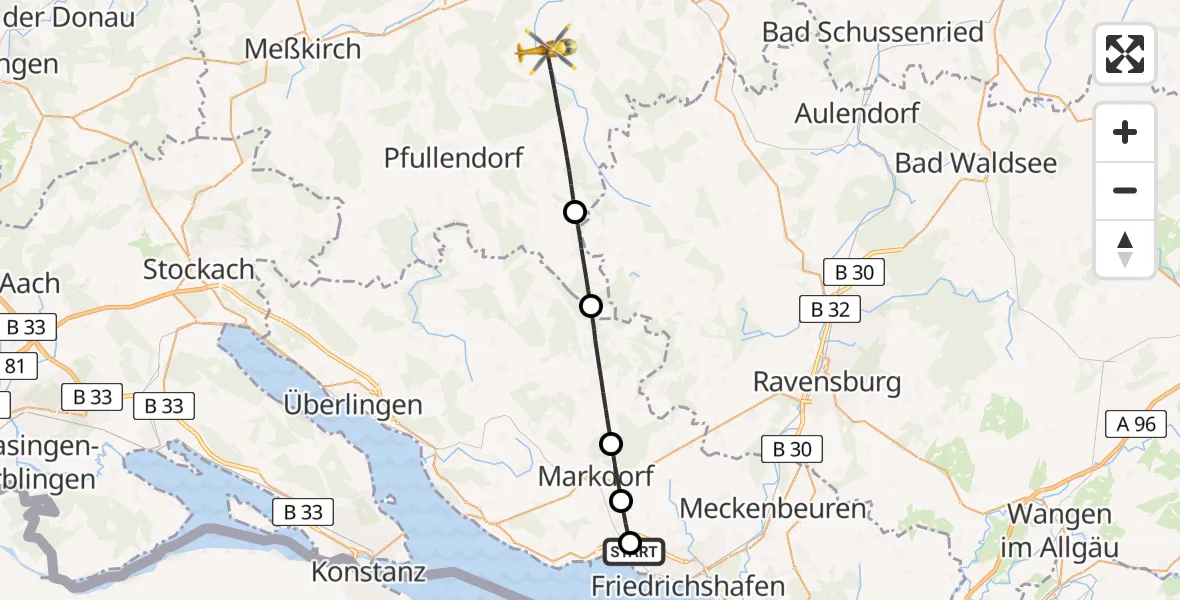 Flugroute Rettungshubschrauber Friedrichshafen Hospital - Ostrach, 16 Mai 2026, 07:26