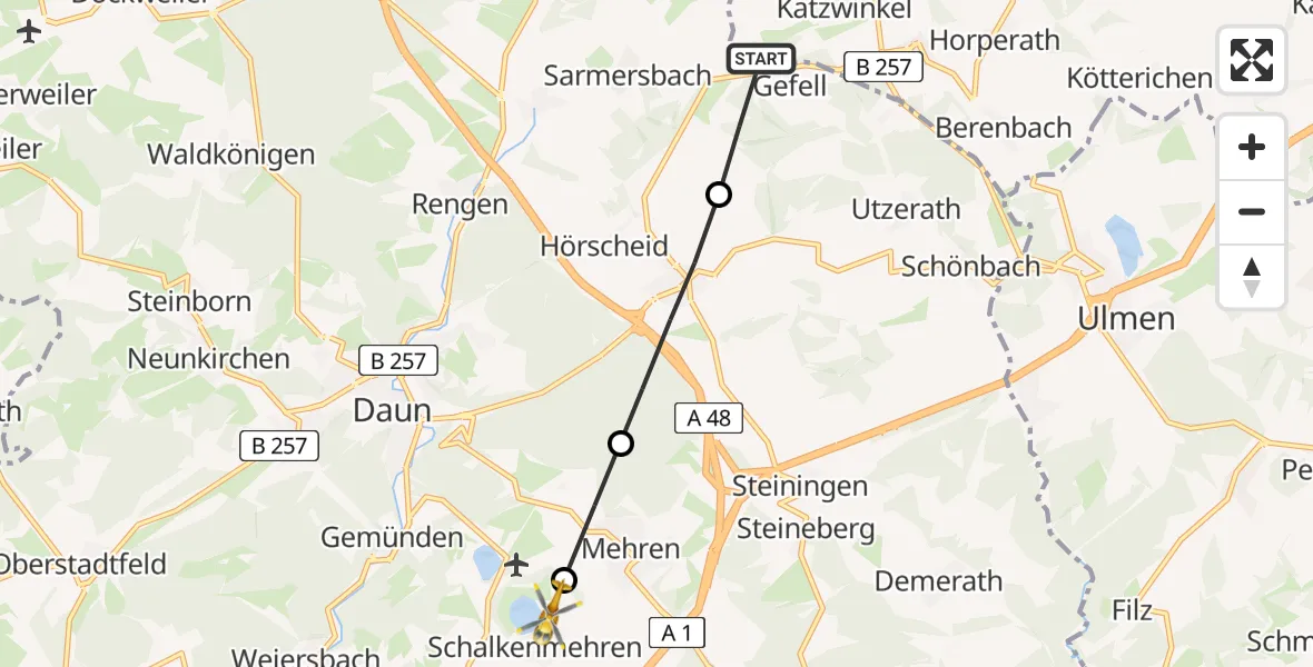 Flugroute Ambulanzhubschrauber Gefell - Schalkenmehren, 16 Mai 2026, 07:32