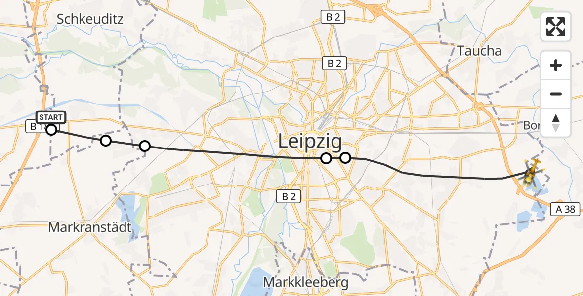 Flugroute Rettungshubschrauber ADAC Air Rescue Station Leipzig/Schkeuditz-Dölzig Hubschrauberlandeplatz (Christoph 61) - Leipzig, 16 Mai 2026, 07:36