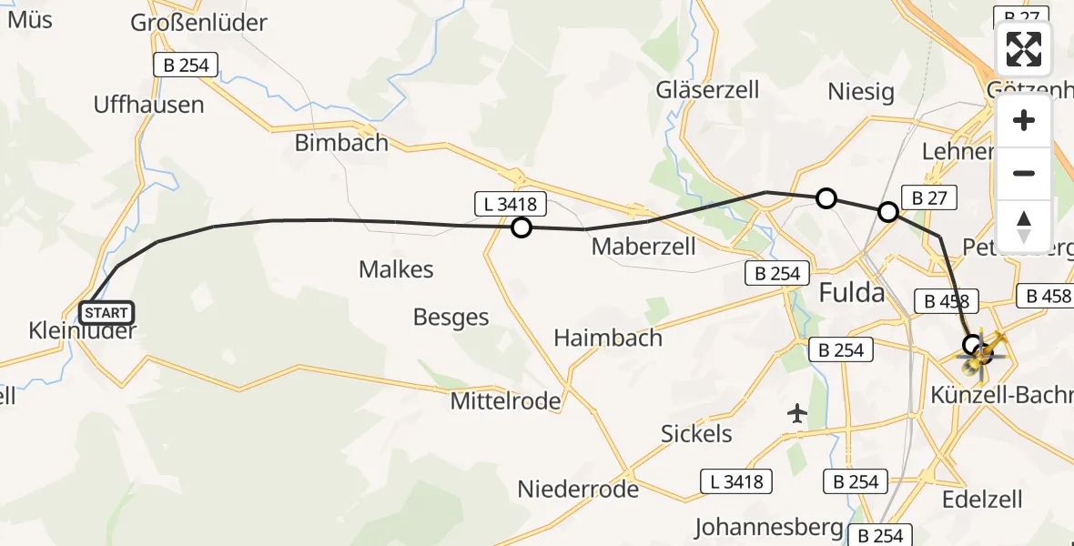 Flugroute Rettungshubschrauber Großenlüder - Fulda Hospital, 16 Mai 2026, 07:42