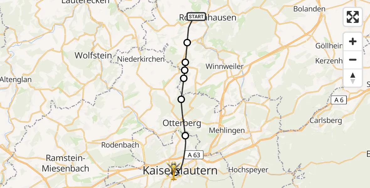 Flugroute Rettungshubschrauber Rockenhausen - Westpfalz Hospital Kaiserslautern, 16 Mai 2026, 07:50