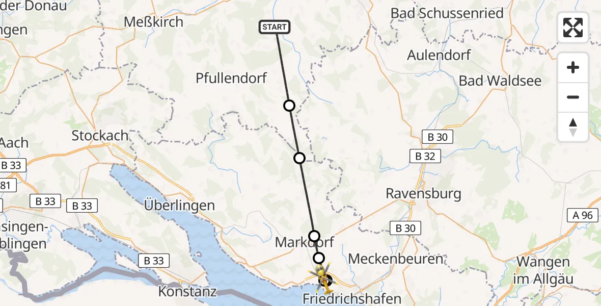 Flugroute Rettungshubschrauber Ostrach - Friedrichshafen Hospital, 16 Mai 2026, 07:55