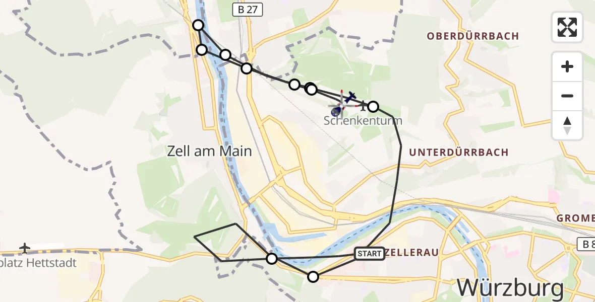 Flugroute Polizeihubschrauber Würzburg - Würzburg-Schenkenturm Flugplatz, 16 Mai 2026, 07:56