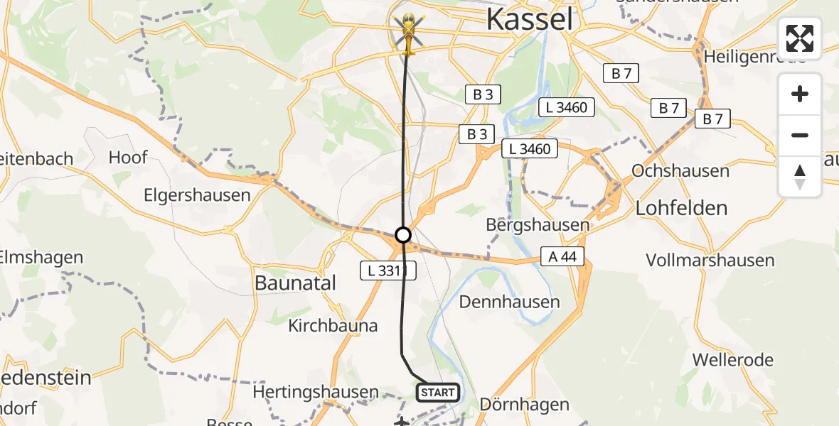 Flugroute Rettungshubschrauber Baunatal - Kassel, 16 Mai 2026, 07:57
