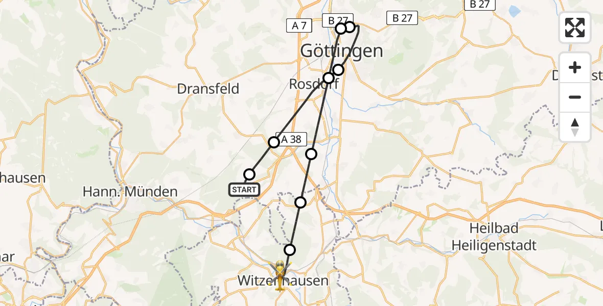 Flugroute Rettungshubschrauber Rosdorf - Witzenhausen, 16 Mai 2026, 08:02