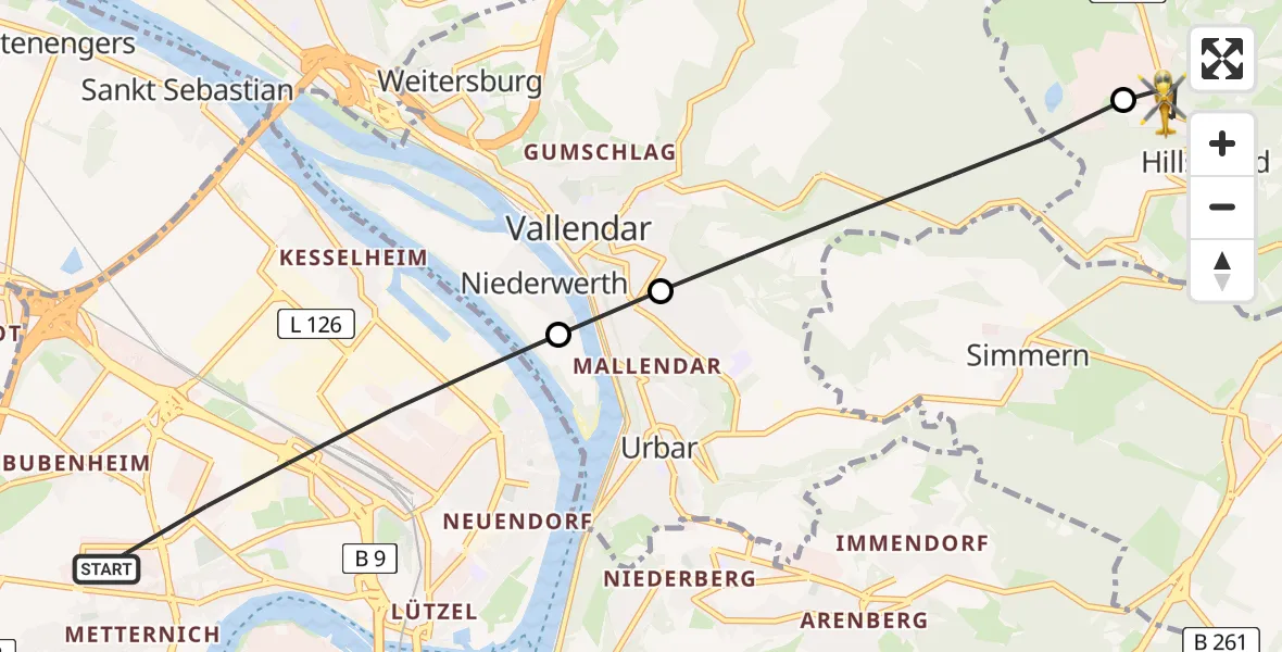 Flugroute Rettungshubschrauber Koblenz - Hillscheid, 16 Mai 2026, 08:07