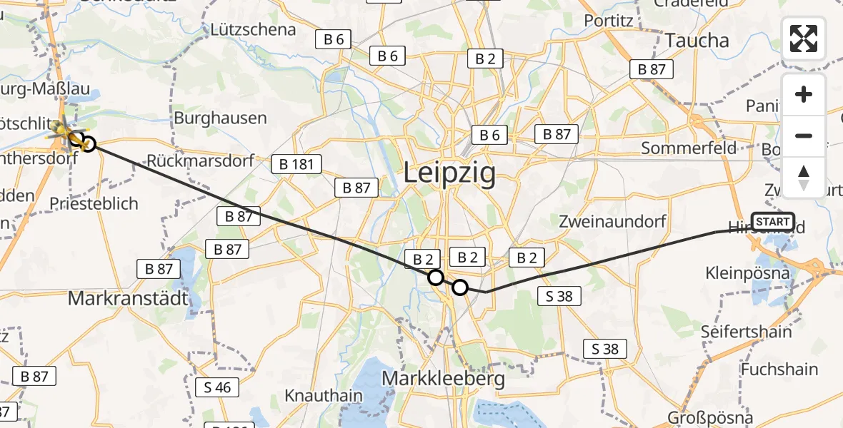 Flugroute Rettungshubschrauber Leipzig - ADAC Air Rescue Station Leipzig/Schkeuditz-Dölzig Hubschrauberlandeplatz (Christoph 61), 16 Mai 2026, 08:20