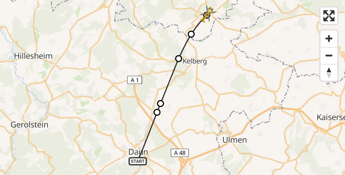 Flugroute Ambulanzhubschrauber Daun - Nürburgring Hubschrauberlandeplatz, 16 Mai 2026, 08:24
