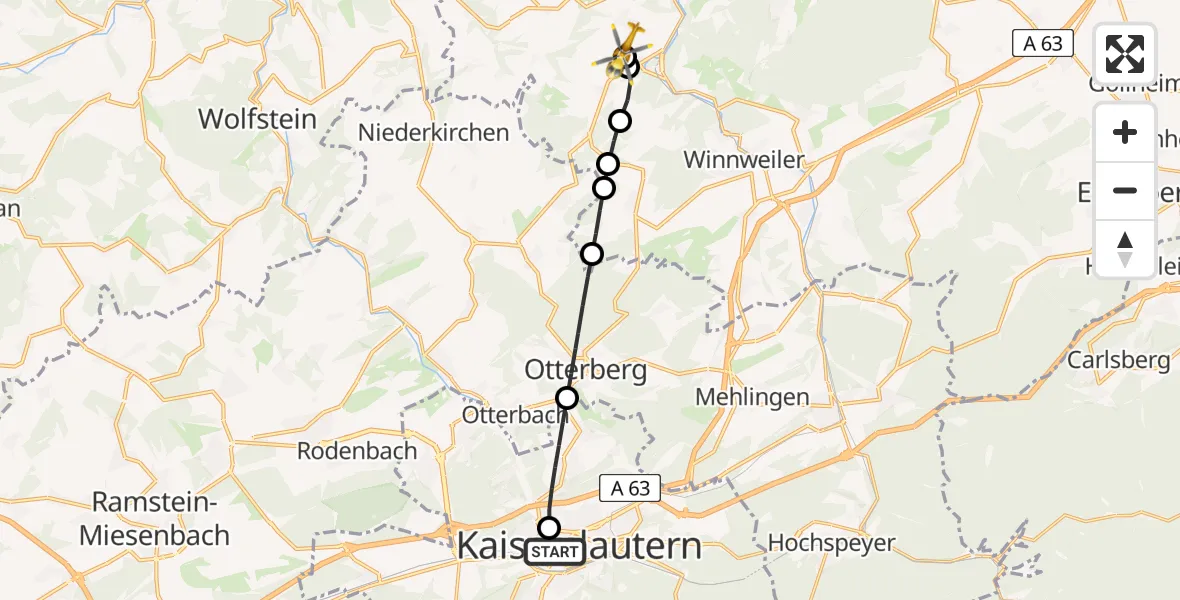 Flugroute Rettungshubschrauber Westpfalz Hospital Kaiserslautern - Imsweiler UL, 16 Mai 2026, 08:27