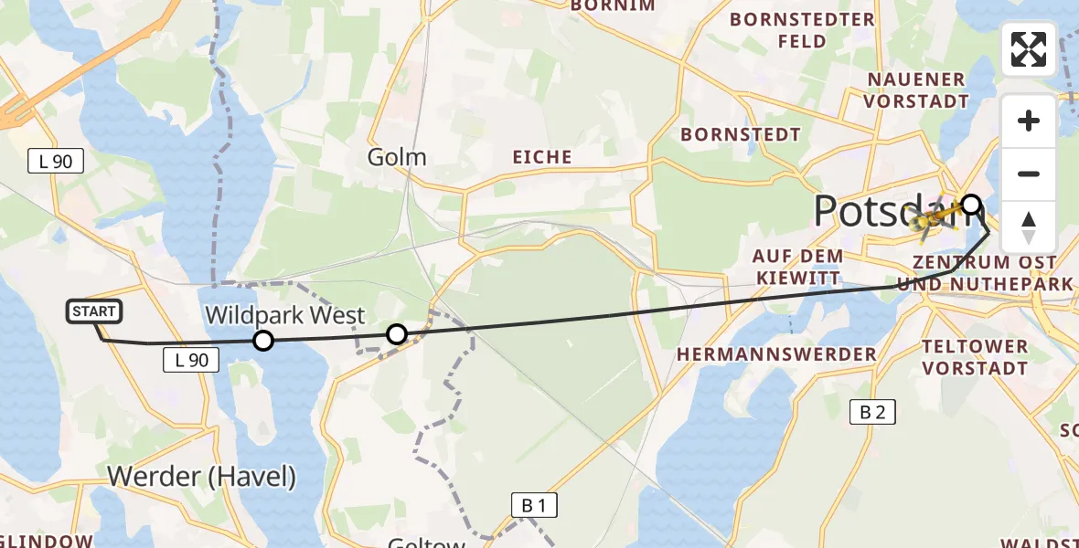Flugroute Rettungshubschrauber Werder (Havel) - Ernst von Bergmann Clinic Hubschrauberlandeplatz, 16 Mai 2026, 08:31