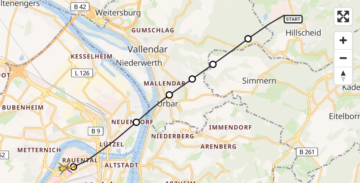 Flugroute Rettungshubschrauber Hillscheid - Katholisches Klinikum Marienhof Koblenz Hubschrauberlandeplatz, 16 Mai 2026, 08:33