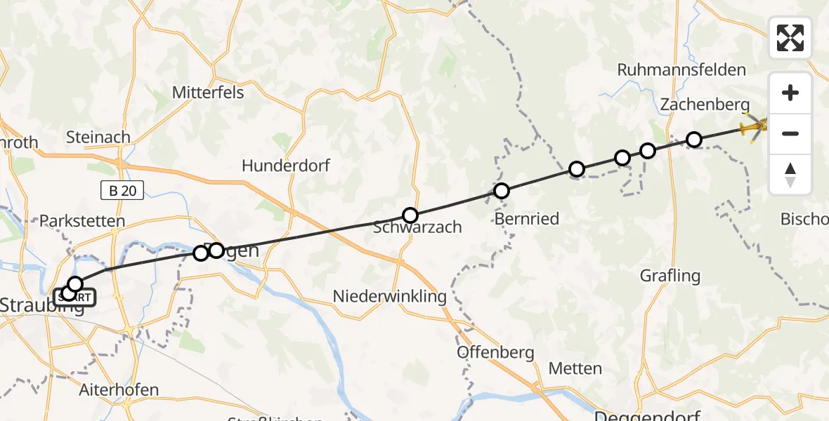 Flugroute Rettungshubschrauber Sankt Elisabeth Hospital Straubing - Zachenberg, 16 Mai 2026, 08:34