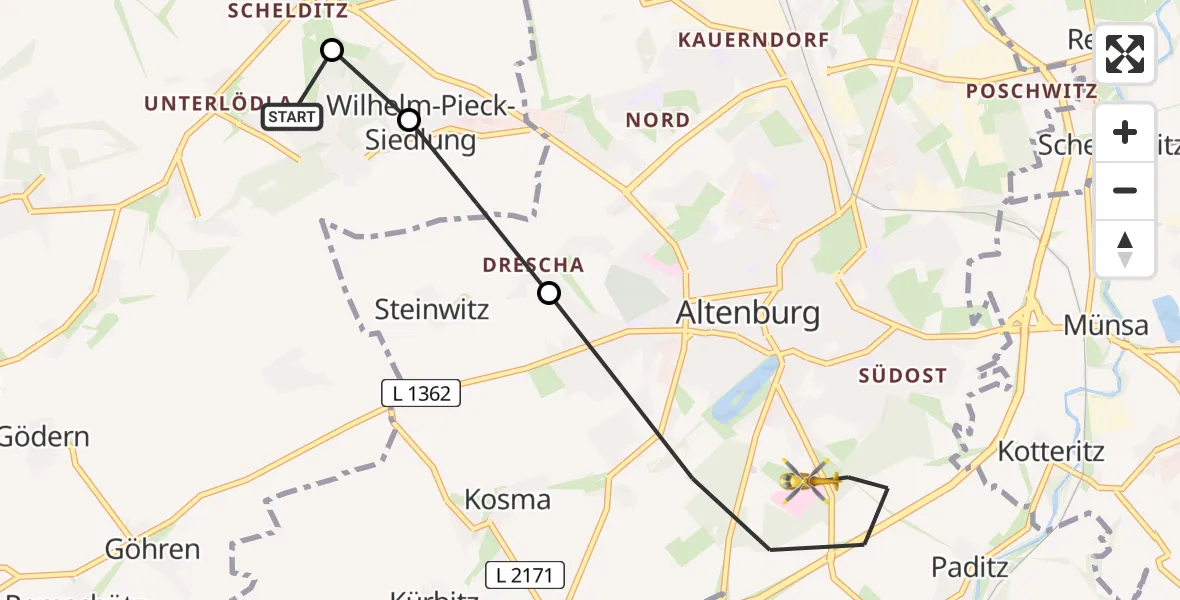 Flugroute Rettungshubschrauber Lödla - Altenburg, 16 Mai 2026, 08:37