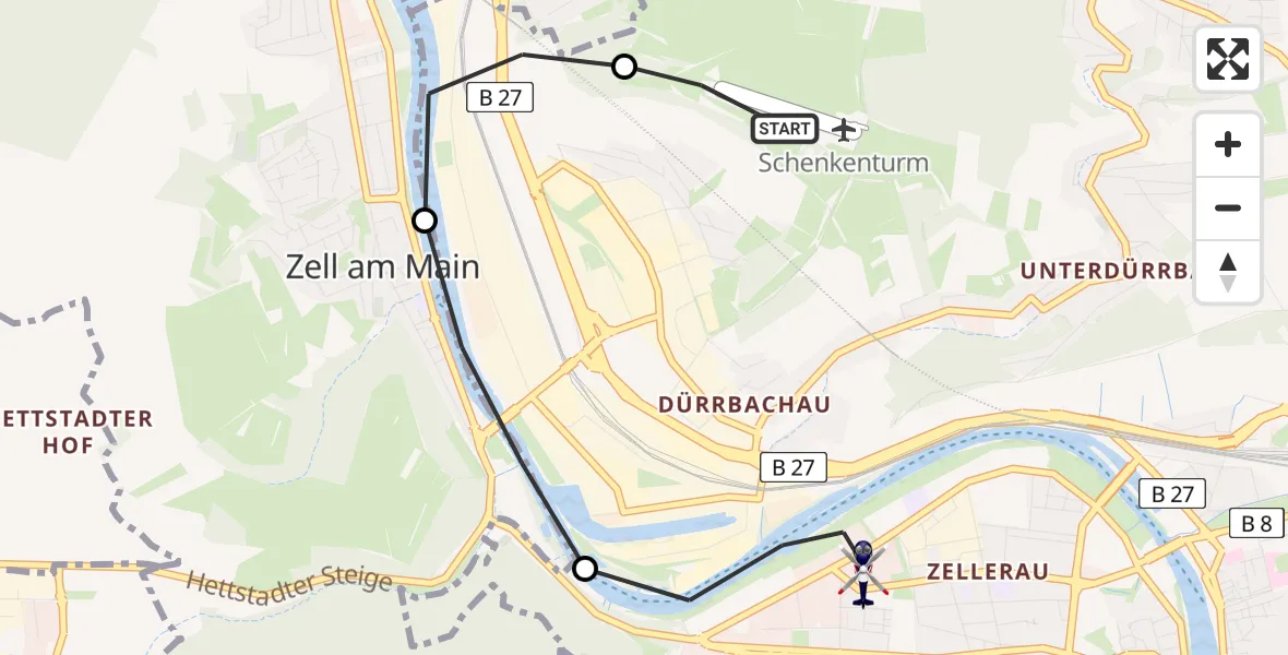 Flugroute Polizeihubschrauber Würzburg-Schenkenturm Flugplatz - Würzburg, 16 Mai 2026, 08:38