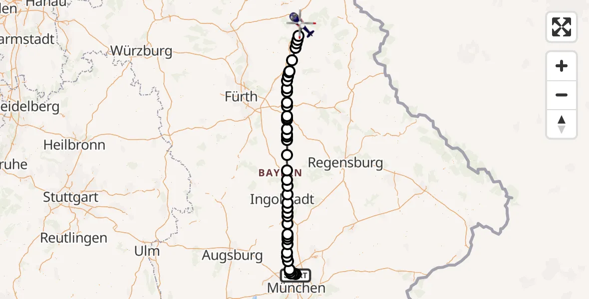 Flugroute Polizeihubschrauber Oberschleißheim - Bayreuth, 16 Mai 2026, 08:41