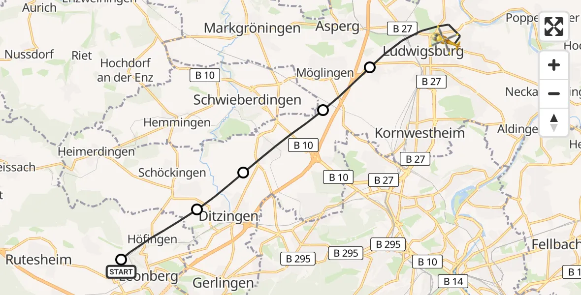Flugroute Rettungshubschrauber Leonberg Hospital - Ludwigsburg, 16 Mai 2026, 08:41