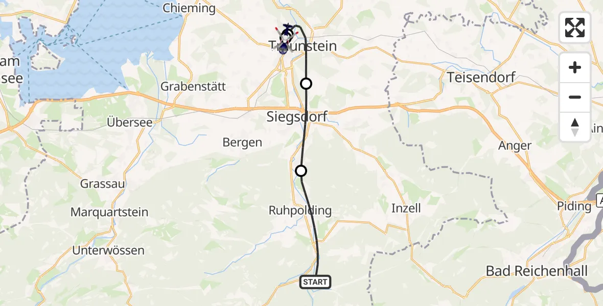 Flugroute Polizeihubschrauber Ruhpolding - Traunstein Hospital, 16 Mai 2026, 08:47