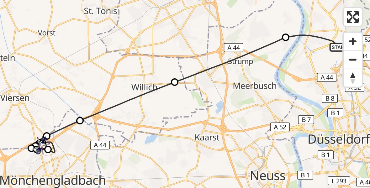 Flugroute Polizeihubschrauber Düsseldorf Flughafen - Maria-Hilf-Klinik Hubschrauberlandeplatz, 16 Mai 2026, 08:53