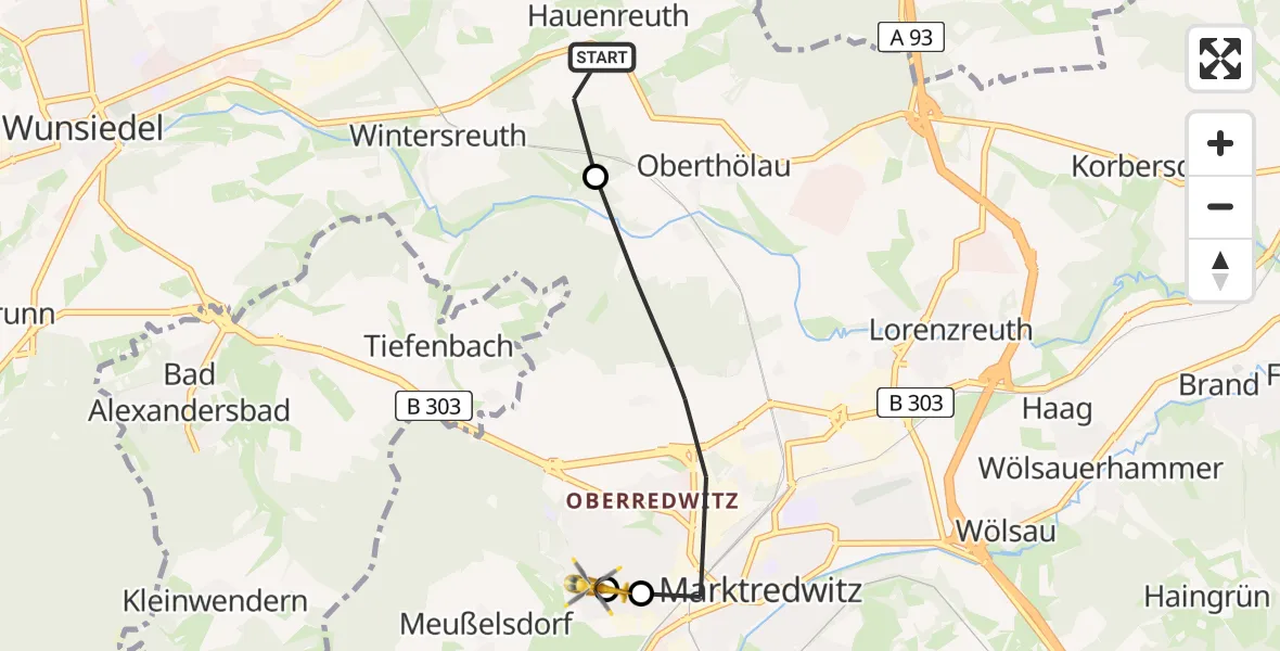 Flugroute Rettungshubschrauber Wunsiedel - Fichtelgebirge Hospital Marktredwitz, 16 Mai 2026, 08:56