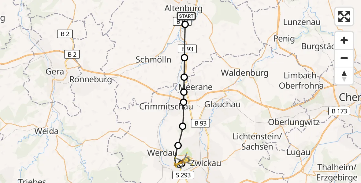Flugroute Rettungshubschrauber Altenburg - ADAC Air Rescue Station Zwickau Hubschrauberlandeplatz, 16 Mai 2026, 09:01