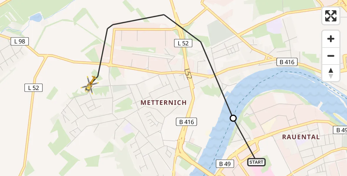 Flugroute Rettungshubschrauber Katholisches Klinikum Marienhof Koblenz Hubschrauberlandeplatz - Koblenz, 16 Mai 2026, 09:03