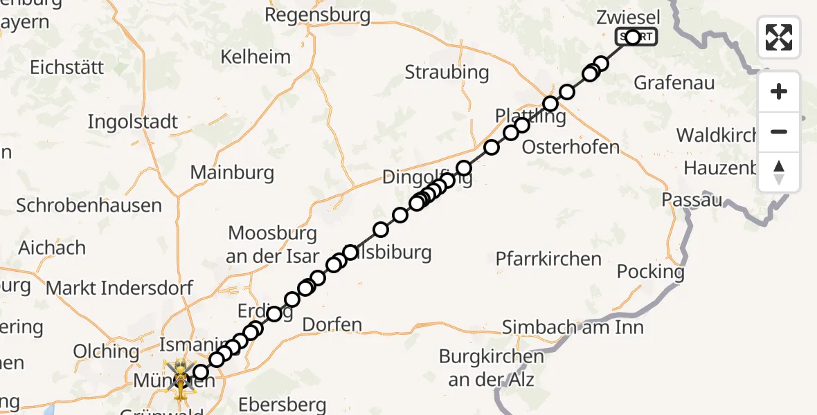 Flugroute Rettungshubschrauber Frauenau - Rechts der Isar University Hospital, 16 Mai 2026, 09:04