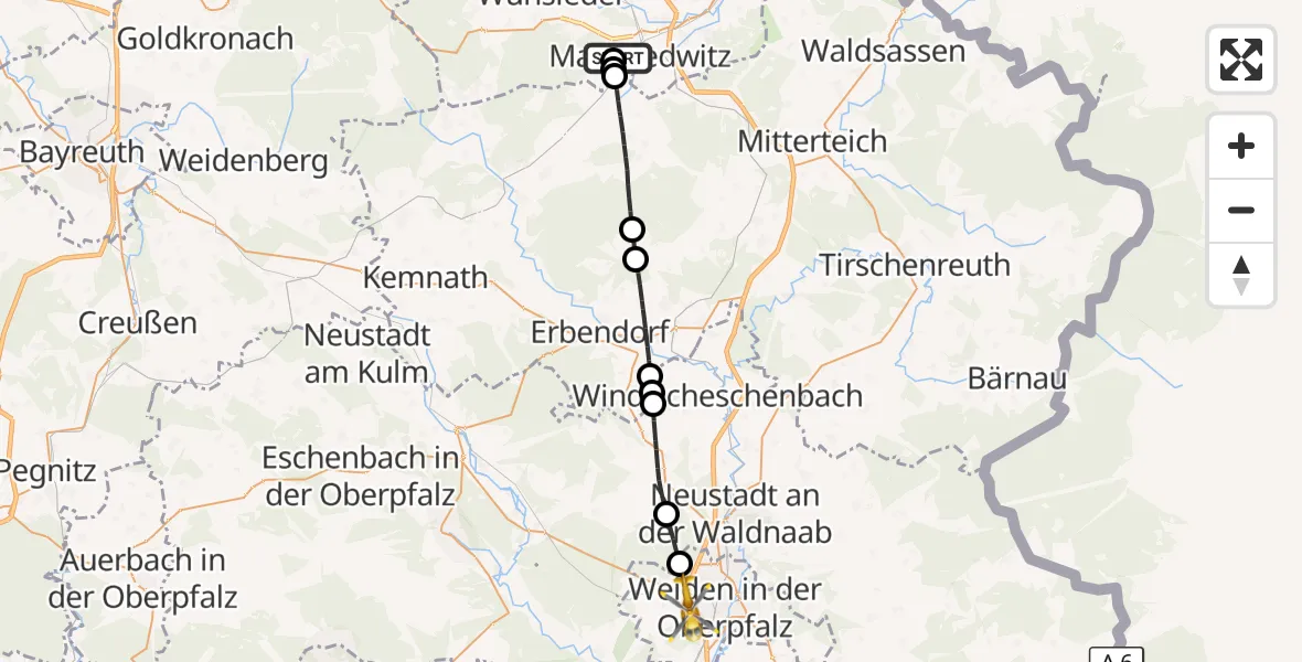 Flugroute Rettungshubschrauber Fichtelgebirge Hospital Marktredwitz - Weiden i.d.OPf., 16 Mai 2026, 09:20