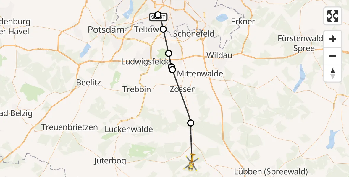Flugroute Rettungshubschrauber Charité Clinic Benjamin Franklin Campus - Baruth/Mark, 16 Mai 2026, 09:20