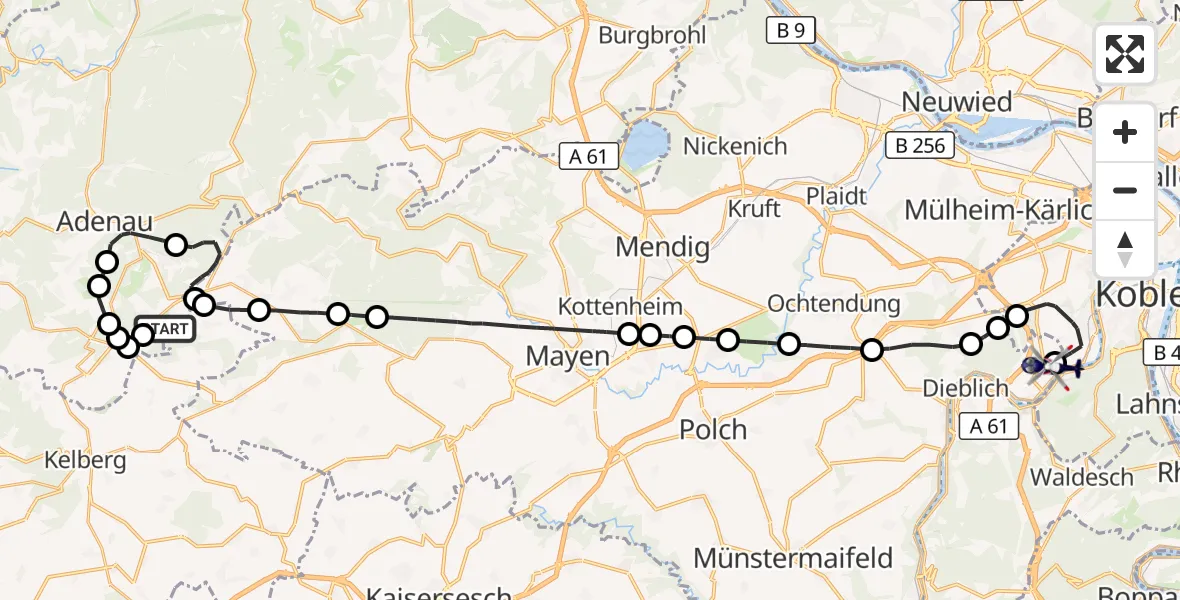 Flugroute Polizeihubschrauber Meuspath - Koblenz-Winningen Flugplatz, 16 Mai 2026, 09:22