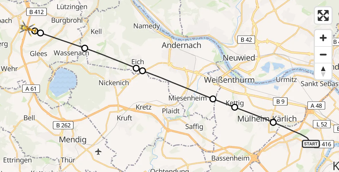 Flugroute Rettungshubschrauber Koblenz - Niederzissen, 16 Mai 2026, 09:22