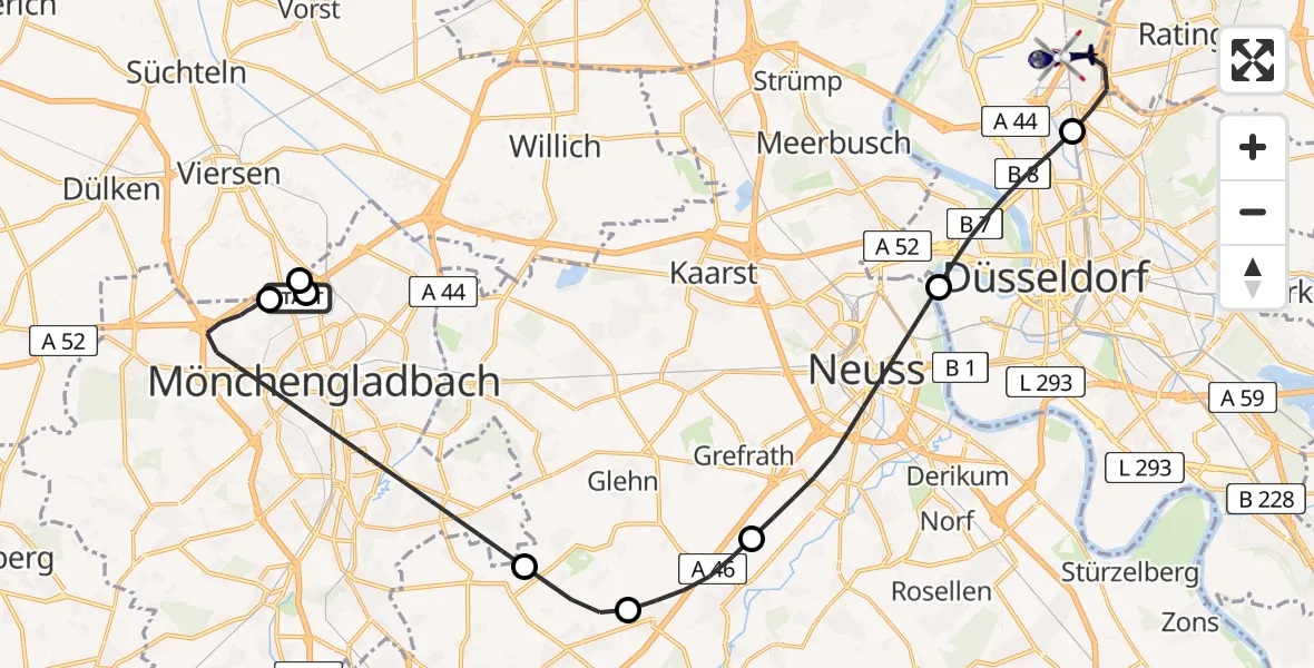 Flugroute Polizeihubschrauber Maria-Hilf-Klinik Hubschrauberlandeplatz - Düsseldorf Flughafen, 16 Mai 2026, 09:24