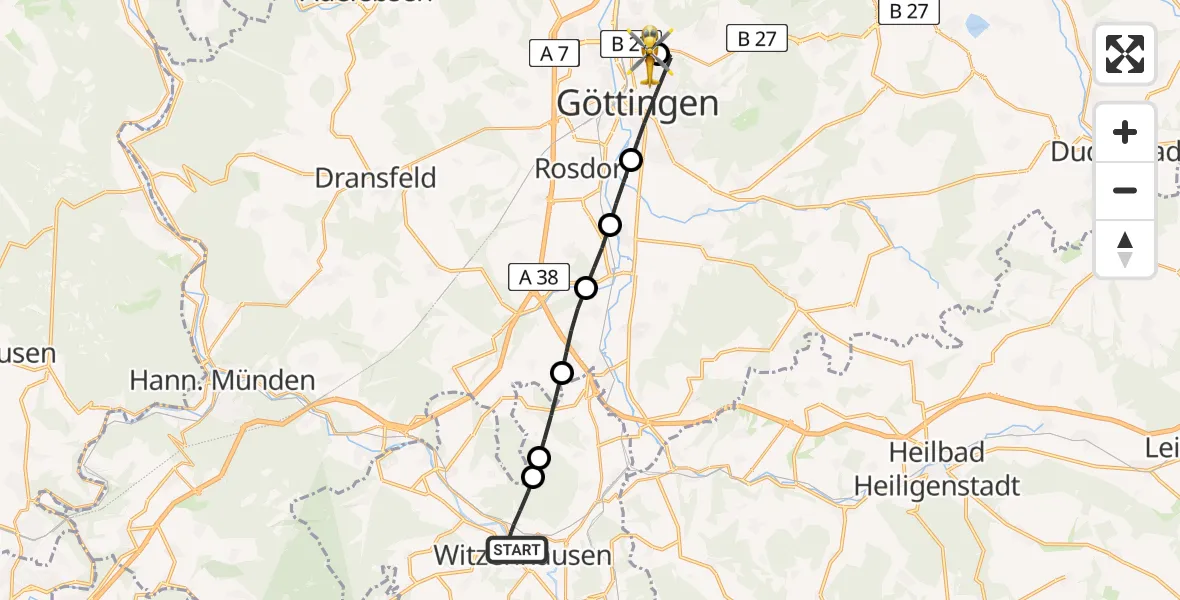 Flugroute Rettungshubschrauber Witzenhausen - Göttingen University Clinic Hubschrauberlandeplatz, 16 Mai 2026, 09:31