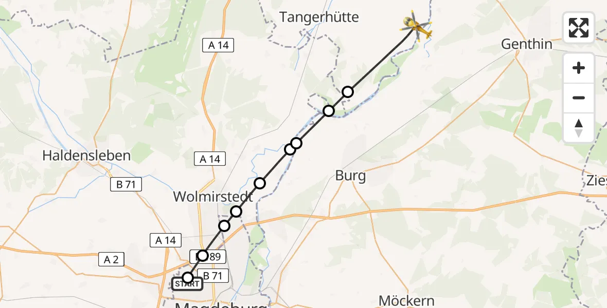 Flugroute Rettungshubschrauber Magdeburg Hospital - Tangerhütte, 16 Mai 2026, 09:39