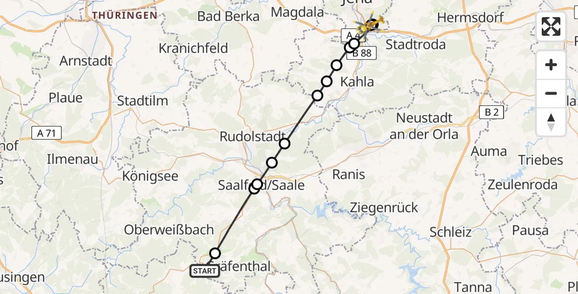Flugroute Rettungshubschrauber Gräfenthal - Jena University Hospital, 16 Mai 2026, 09:44