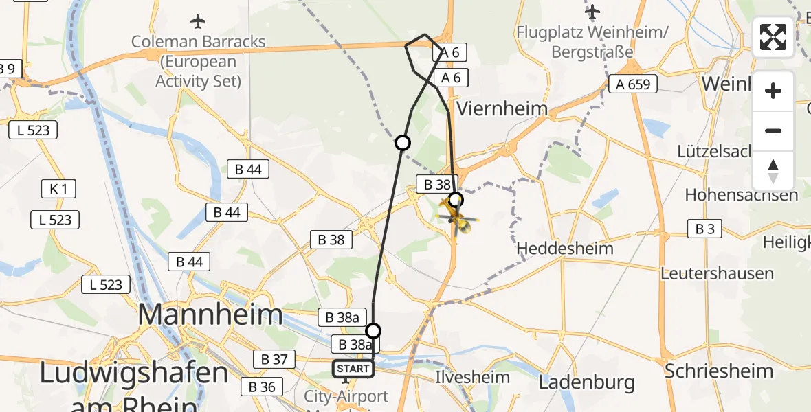 Flugroute Rettungshubschrauber Mannheim-City Flughafen - Mannheim, 16 Mai 2026, 09:54
