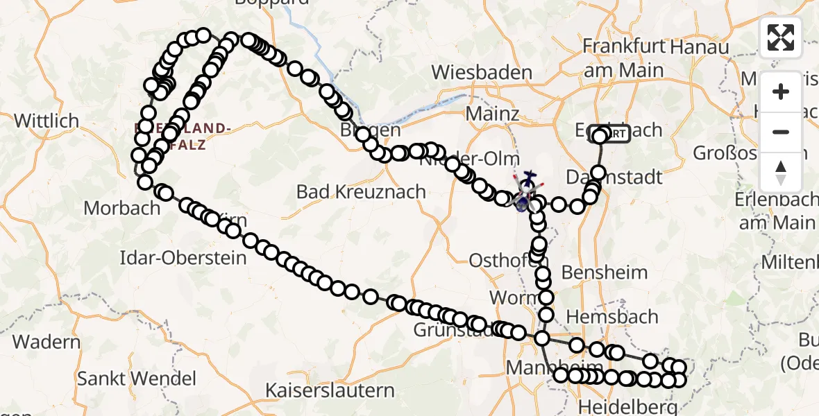 Flugroute Polizeihubschrauber Flughafen Frankfurt-Egelsbach - Oppenheim Flugplatz, 16 Mai 2026, 09:55