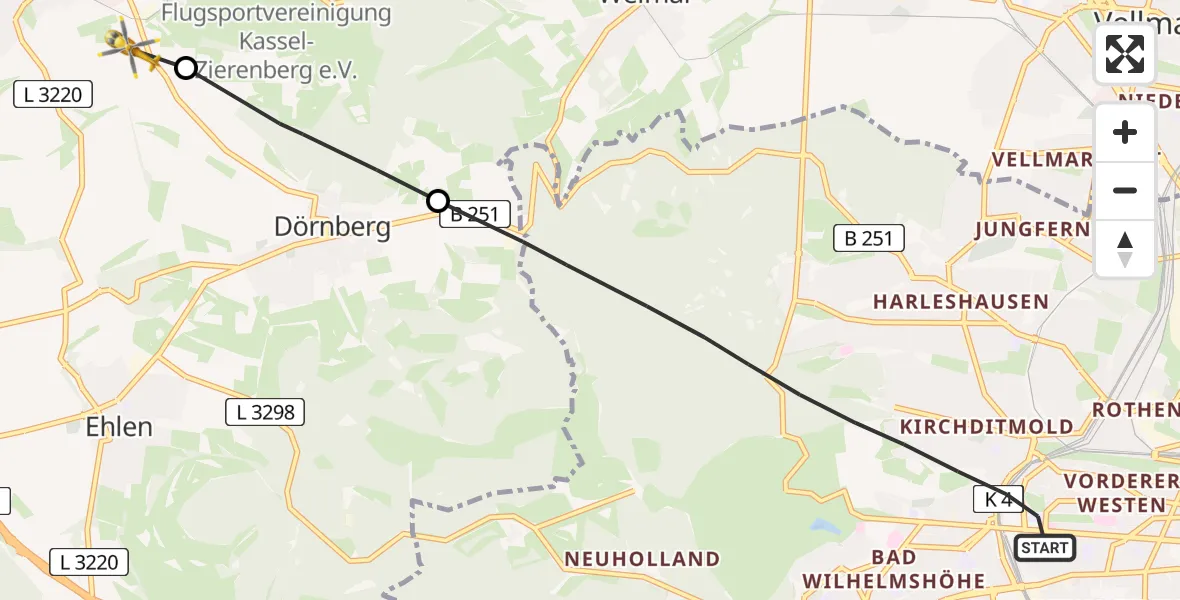 Flugroute Rettungshubschrauber Kassel - Zierenberg, 16 Mai 2026, 09:56