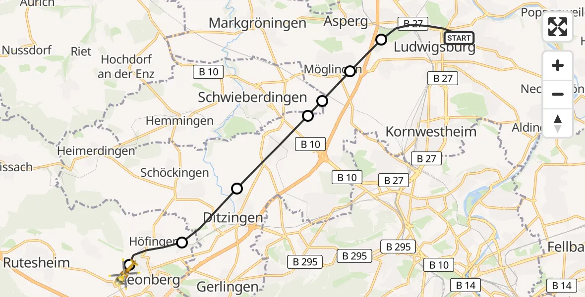Flugroute Rettungshubschrauber Ludwigsburg - Leonberg Hospital, 16 Mai 2026, 09:56