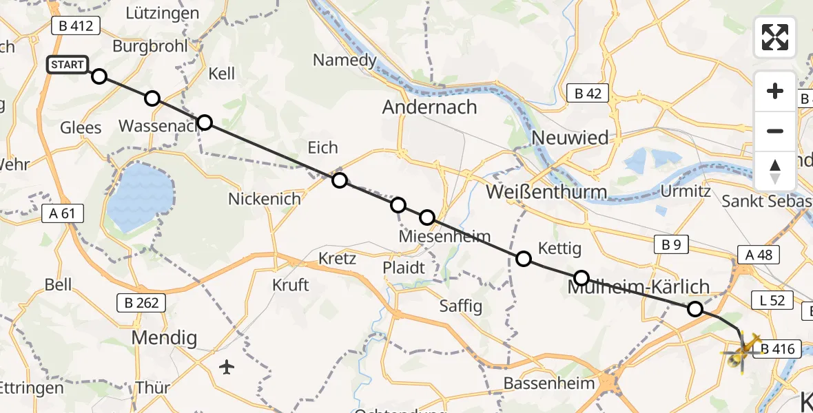 Flugroute Rettungshubschrauber Niederzissen - Koblenz, 16 Mai 2026, 09:59