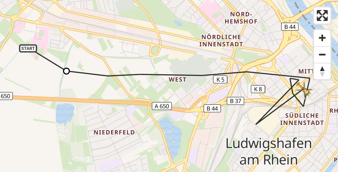 Flugroute Rettungshubschrauber Ludwigshafen Accident Hospital - Ludwigshafen am Rhein, 16 Mai 2026, 10:04