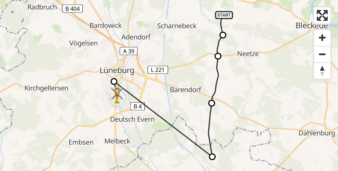 Flugroute Rettungshubschrauber Lüdersburg - Lüneburg, 16 Mai 2026, 10:05
