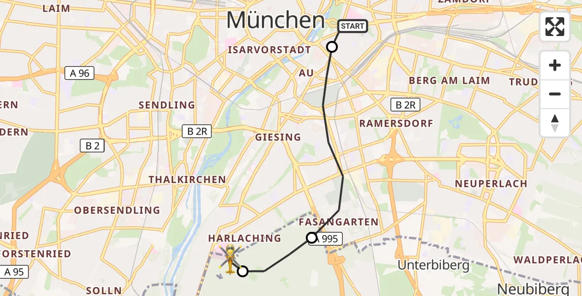 Flugroute Rettungshubschrauber Rechts der Isar University Hospital - ADAC Air Rescue Center Hubschrauberlandeplatz (Christoph 1), 16 Mai 2026, 10:08