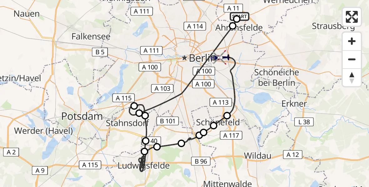 Flugroute Polizeihubschrauber Ahrensfelde Hubschrauberlandeplatz - Berlin, 16 Mai 2026, 10:09