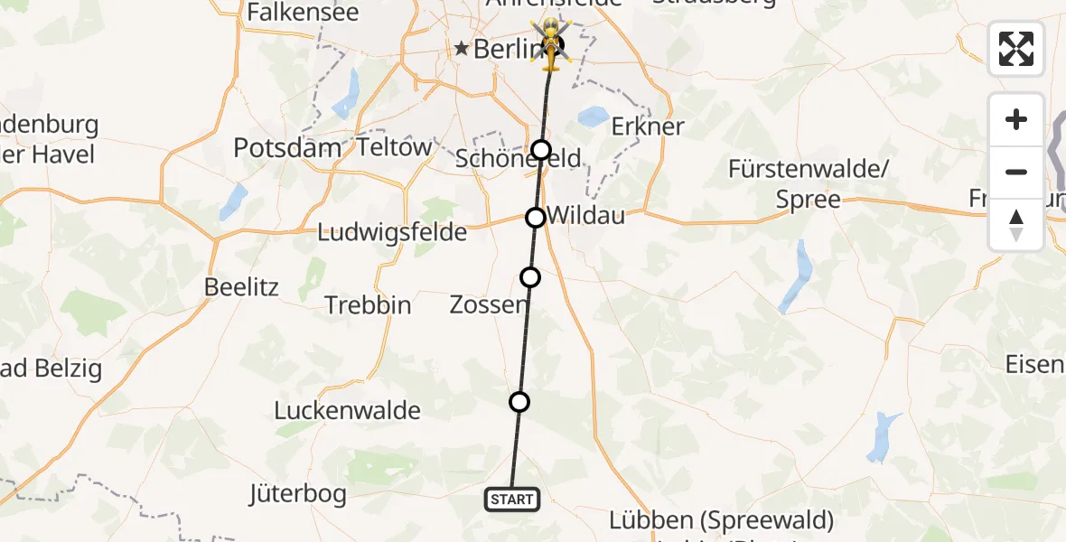 Flugroute Rettungshubschrauber Baruth/Mark - Berlin Emergency Hospital, 16 Mai 2026, 10:13