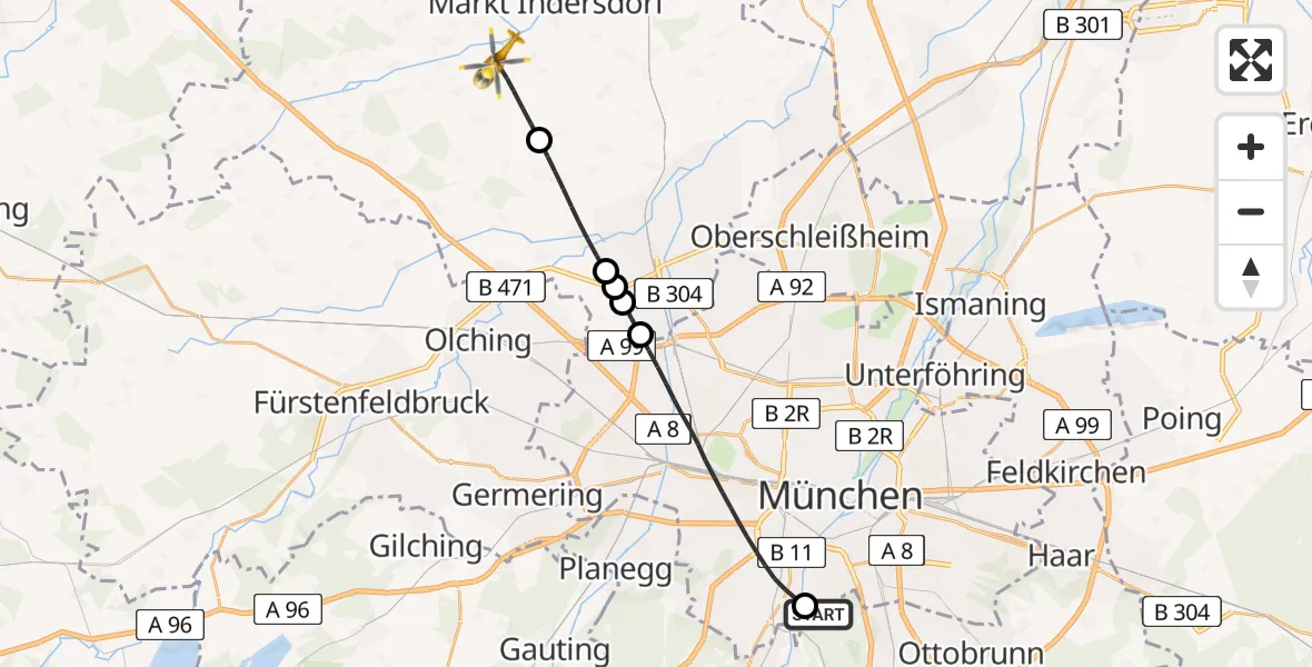Flugroute Rettungshubschrauber ADAC Air Rescue Center Hubschrauberlandeplatz (Christoph 1) - Schwabhausen, 16 Mai 2026, 10:17