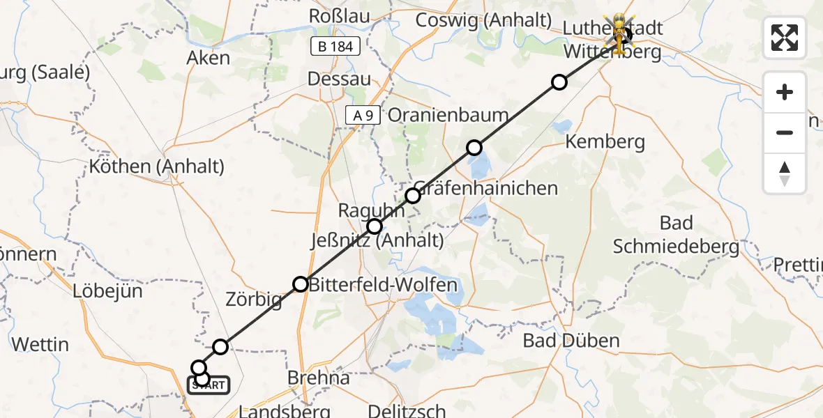 Flugroute Rettungshubschrauber Halle-Oppin Flugplatz - Paul-Gerhardt-Stift Evangelical Hospital, 16 Mai 2026, 10:17