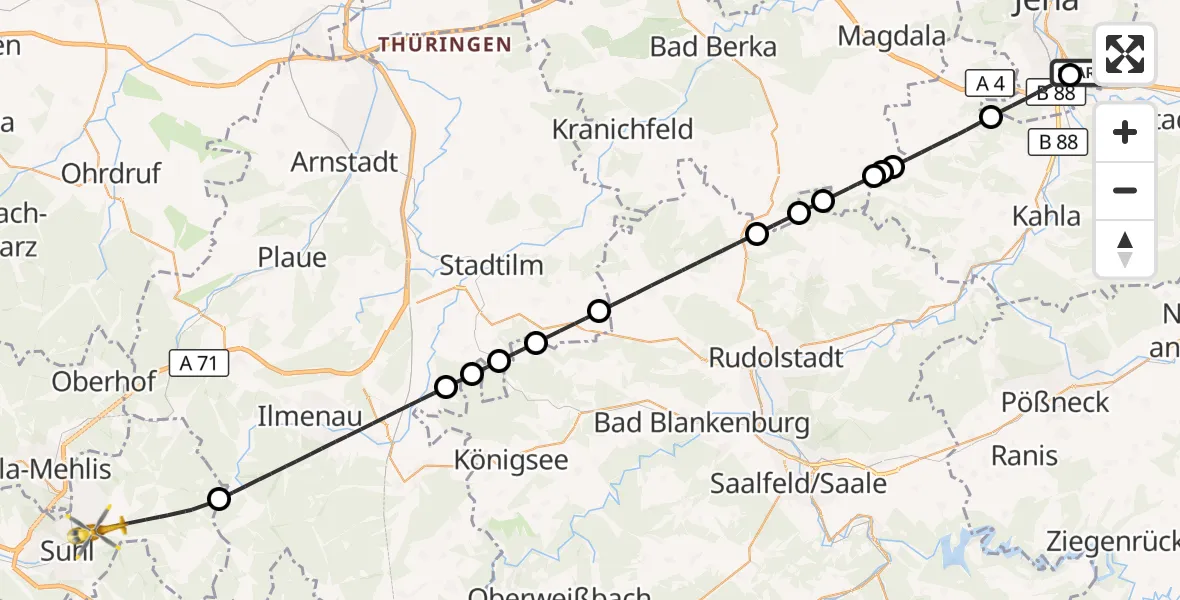 Flugroute Rettungshubschrauber Jena University Hospital - Suhl, 16 Mai 2026, 10:29