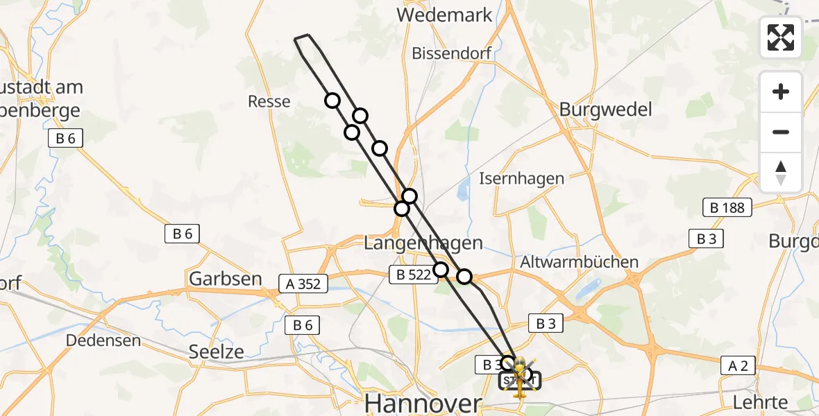Flugroute Rettungshubschrauber Hannover Luftrettung Hubschrauberlandeplatz (Christoph 4) - Hannover Luftrettung Hubschrauberlandeplatz (Christoph 4), 16 Mai 2026, 10:31
